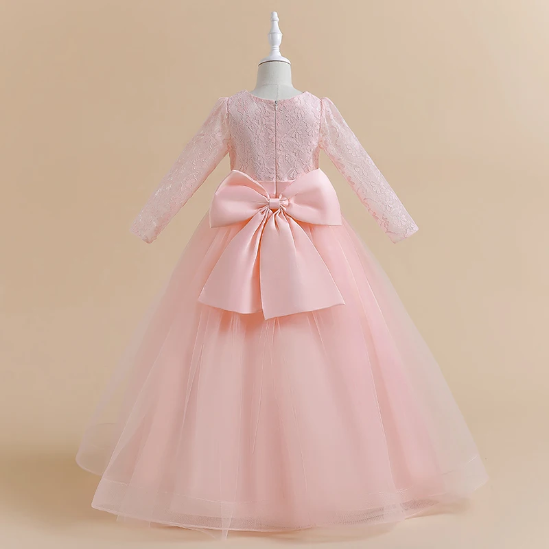 Long Sleeve White Bridesmaid Dress For Girls Children Costume Lace Princess Dresses Girl Dress Wedding Ball Gown 4-14 Years