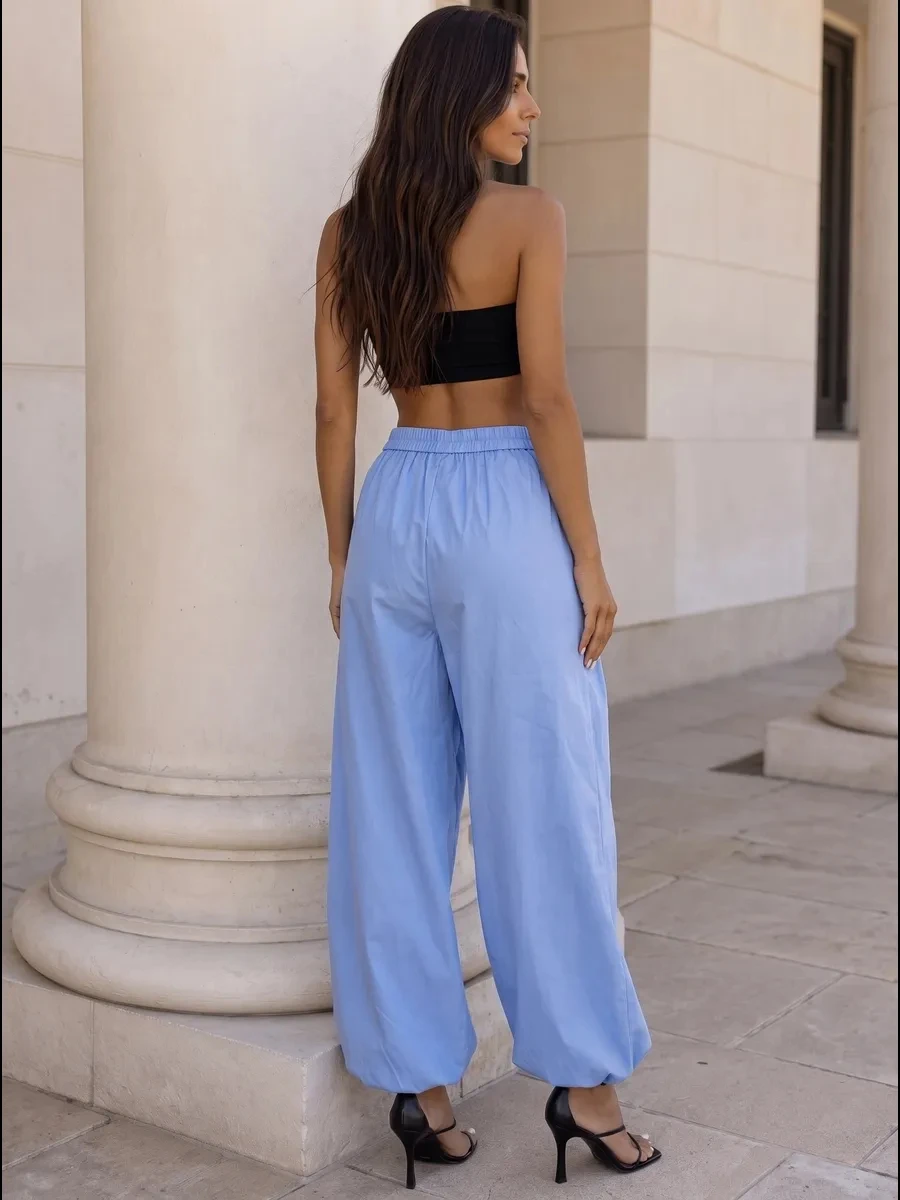 Chic Women Wide Waistband Pants High Rise Pleated Baggy Trousers with Elastic Cuffs Beige Blue Green