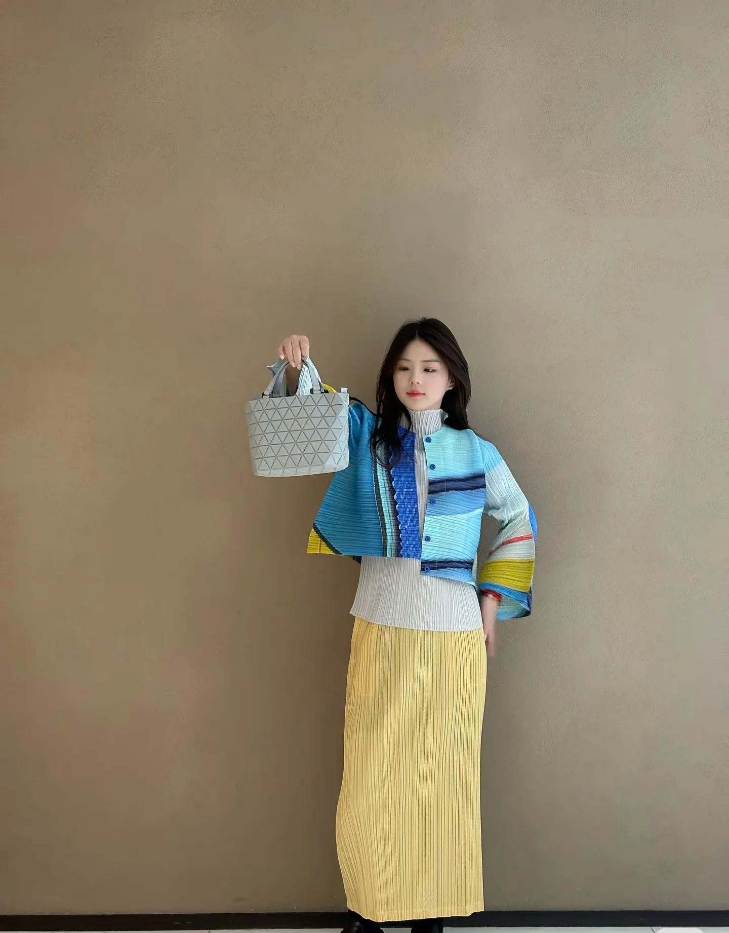 YUDX Miyake Pleated Color Block Pleated Cardigan Top Oversize Breathable Button Down Casual Womens Fashion Streetwear Clothing