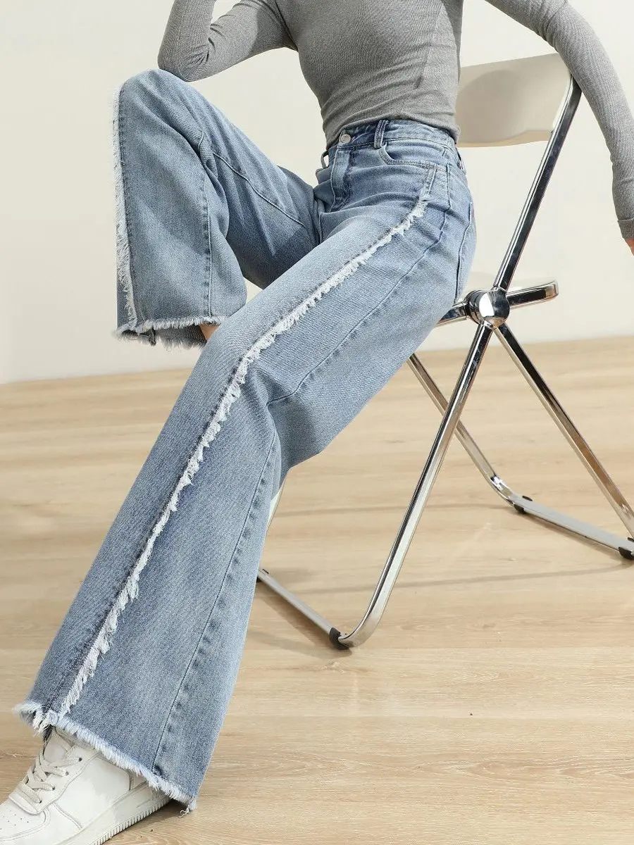 Jean taille haute à jambes larges pour femme, pantalon en Denim décontracté, coupe ample, ourlet effiloché, longueur au sol, nouvelle collection printemps automne