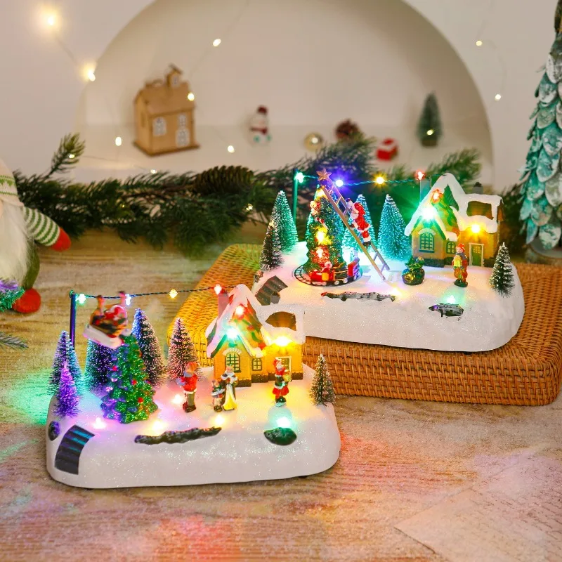 Christmas Music Box Ornament Rotating Train Santa Figurine With Light Music Function European Style Desktop Decor