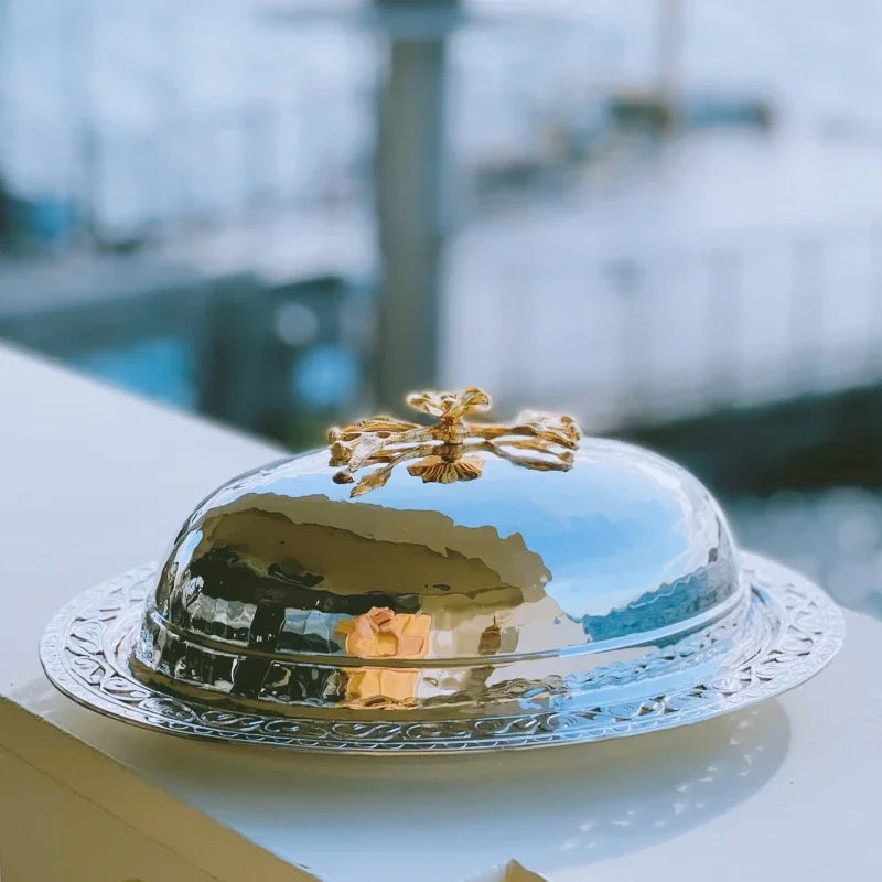 

Copper, silver-plated, hand-oval carved engraved gold flower fruit plate with lid, brunch, special barbecue