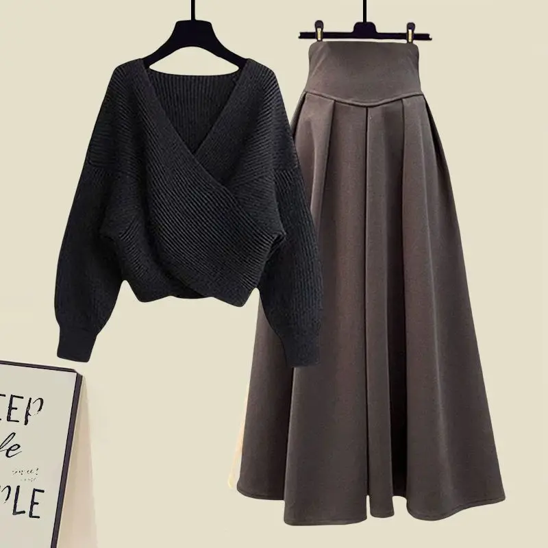 Autumn and Winter Set Women\'s New Korean Edition Slim Cross Sweater Mid Length Half Skirt Elegant Women\'s Two Piece Set
