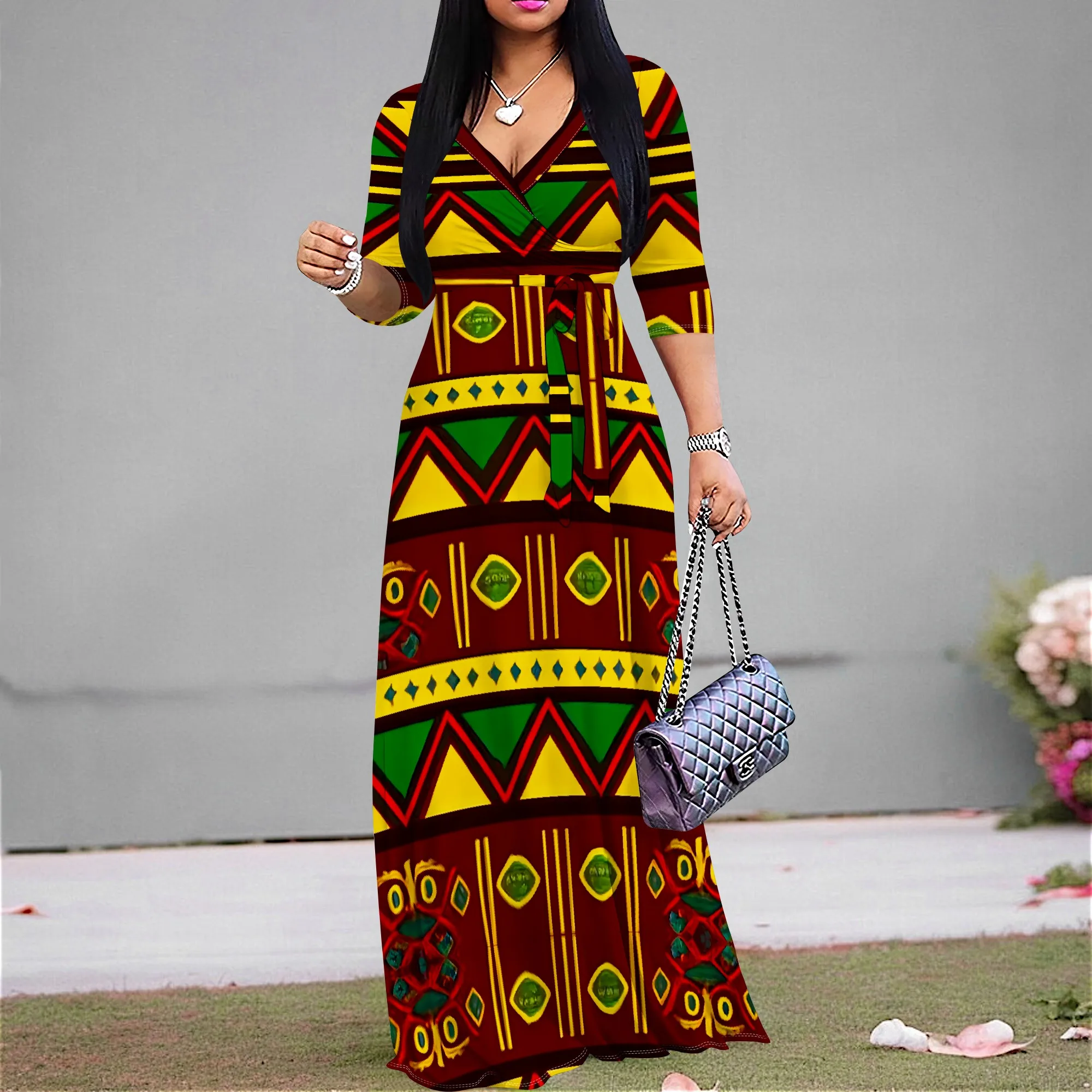 

Women's Tribal Print Maxi Dress with Belt for Summer Festival or Vacation S-3XL
