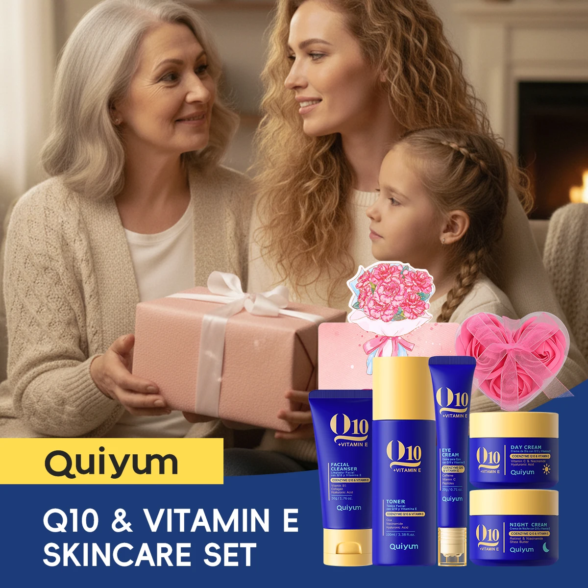 QUIYUM Q10 Vitamin E 5Pcs Skincare Set, Cleanser Toner Eye Cream Day Night Cream With Pink Soap Flower Gift Card Facial Kit