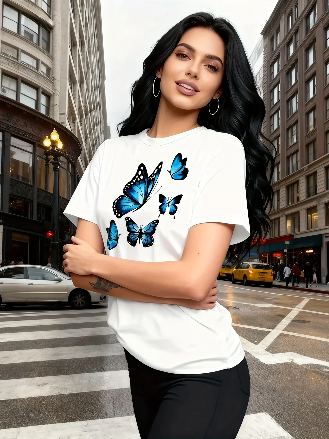 Fashion Butterfly Print Women's T-shirt Round Neck Short Sleeved Comfortable Soft and Skin Friendly Spring and Summer Top