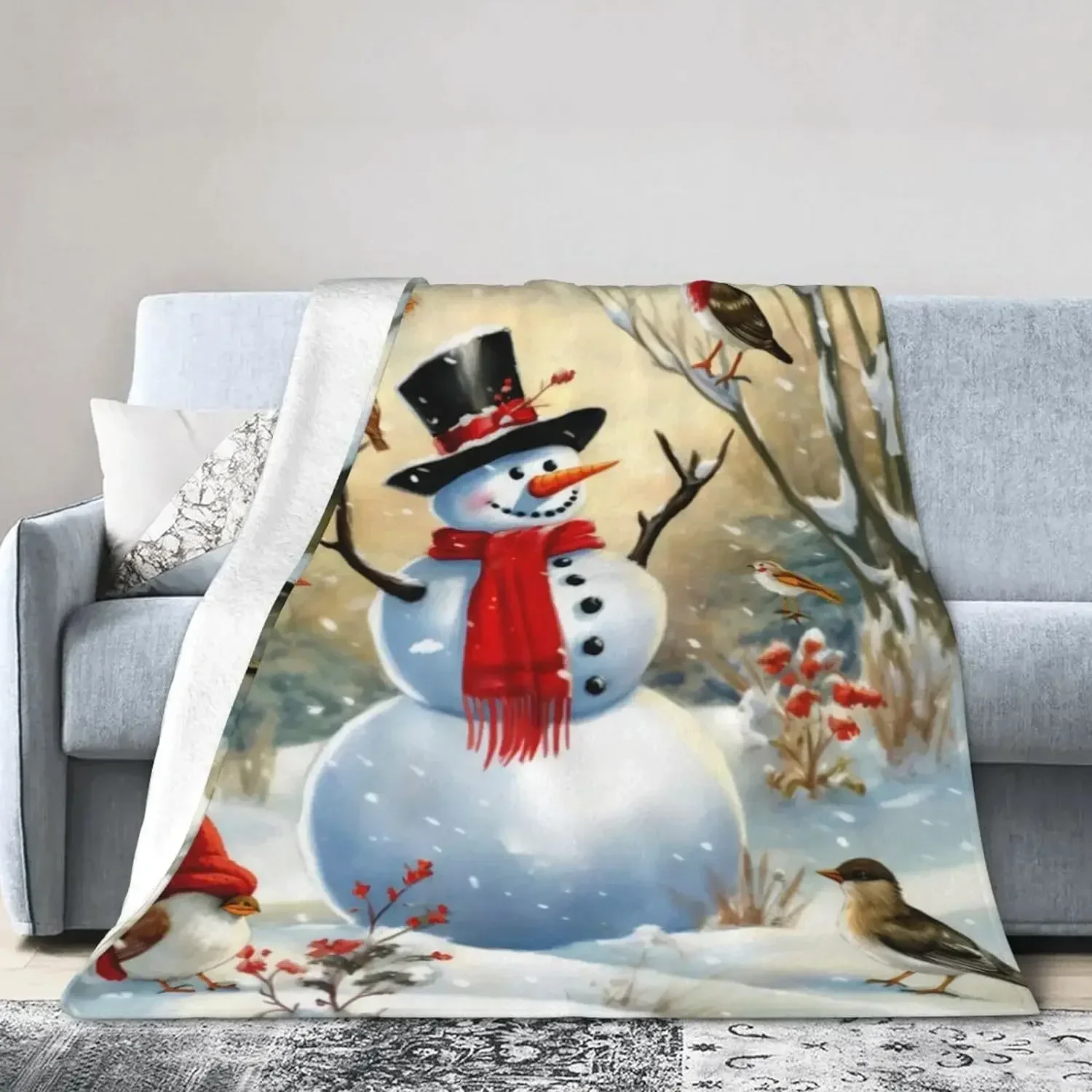 

3d printed blanket Christmas snowman blanket winter bird plush ultra-fine fiber flannel blanket for livingroom bed sofa cover