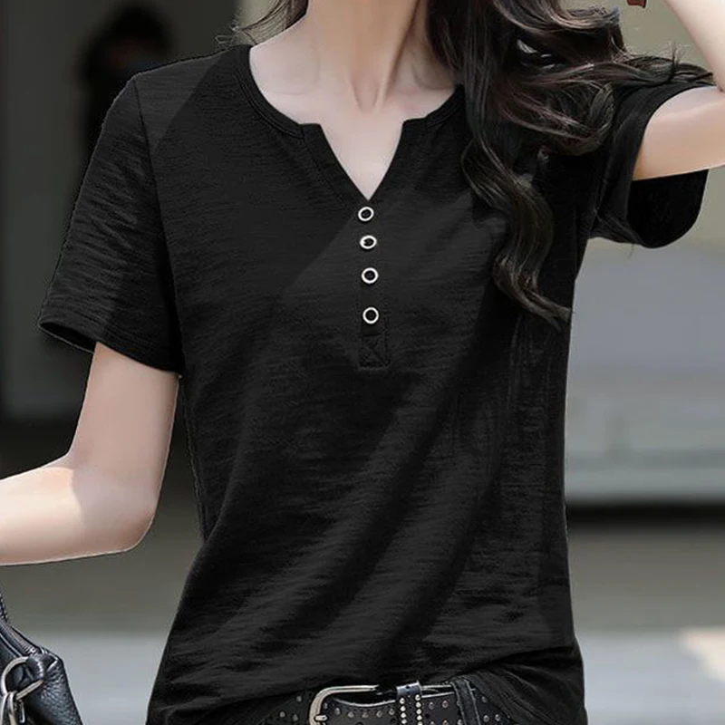 Women\'s Blouse Clothing V-neck Button T-shirt Spring Summer Loose Large White Short Sleeve Solid Elegant Casual Tops