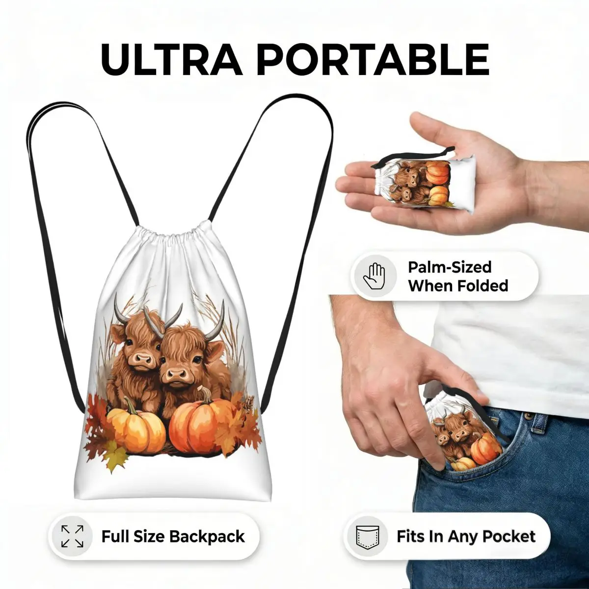 Highland Cow Calf Autumn Leaves Drawstring Backpack Sports Gym Bag Lightweight Foldable Storage Drawstring Bag for Men Women