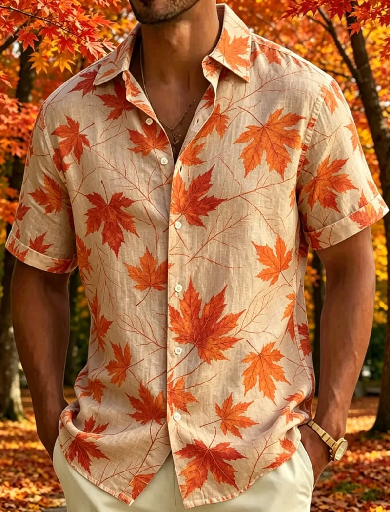 Men's Leaf Print Tropical Short Sleeved shirt, Suitable For Summer wear, Casual activities, And Versatile Natural Style