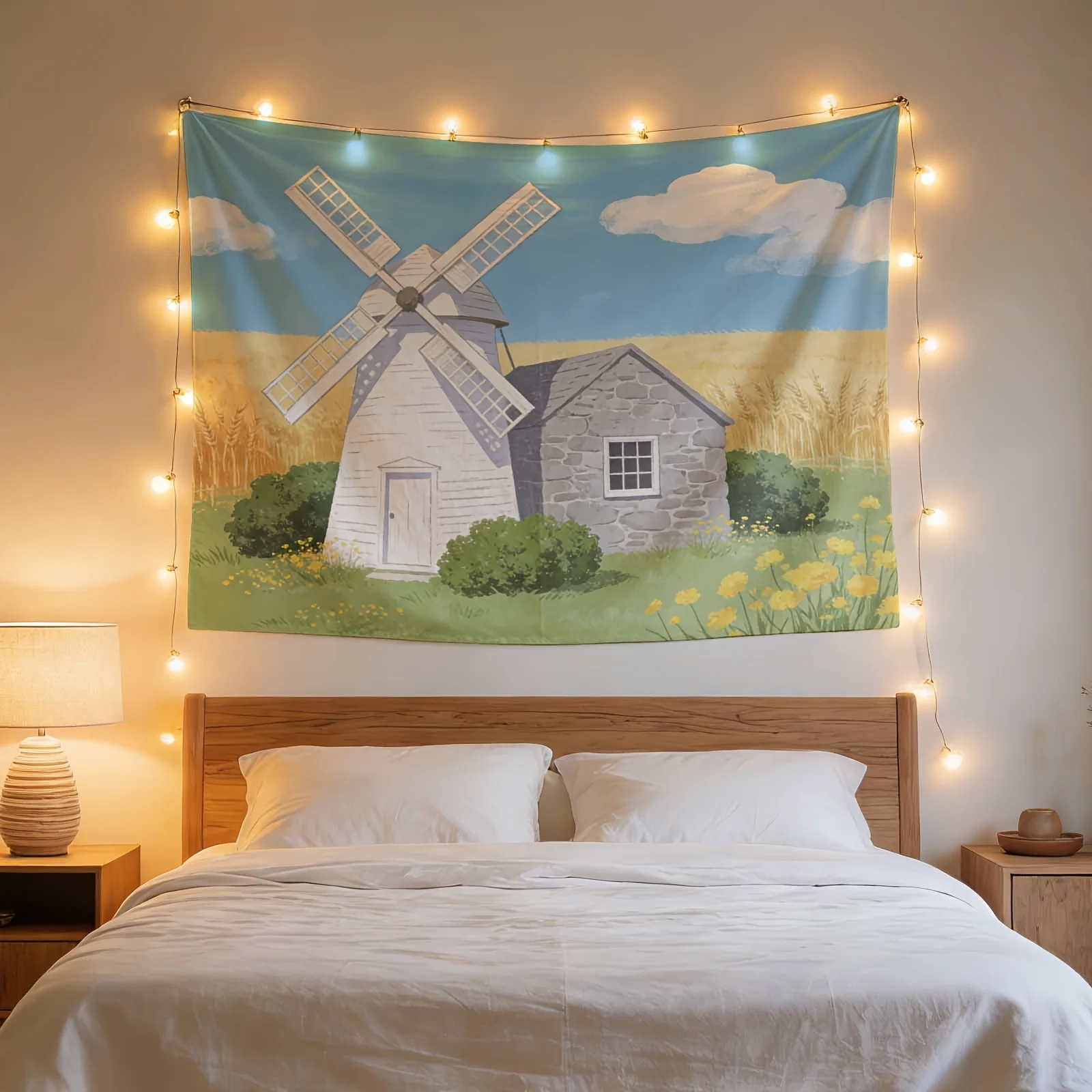 Rustic Farmhouse Style Windmill Tapestry Wall Hanging Bohemian Bedroom Decor Poster Canvas Ambient String Lights Polyester Home
