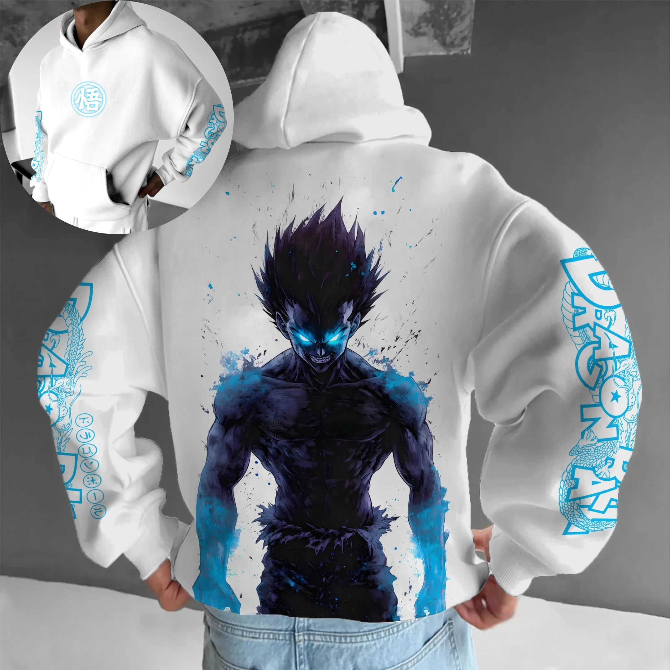 

Dragon Ball White Hoodie Men Women 2025 Spring Cotton Sweatshirt Back Print Spiky Hair Character Blue Glowing Eyes Ink Splatter