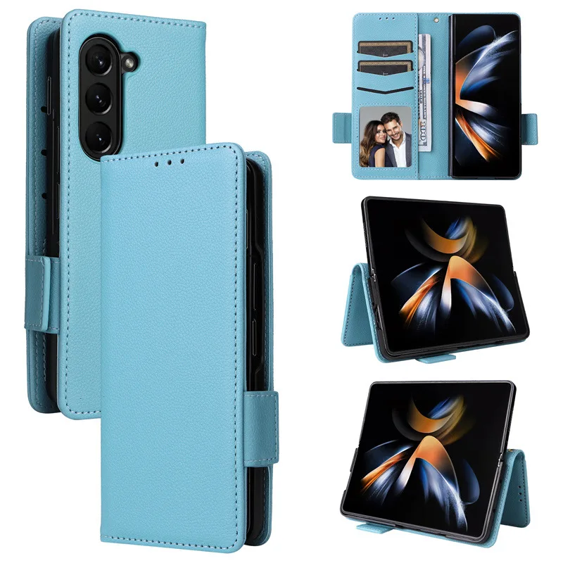 Leather Case for Samsung Galaxy Z Fold 6 5G, with Wristlet Flip Kickstand Magnetic Protective Cover Card Holder Phone Case