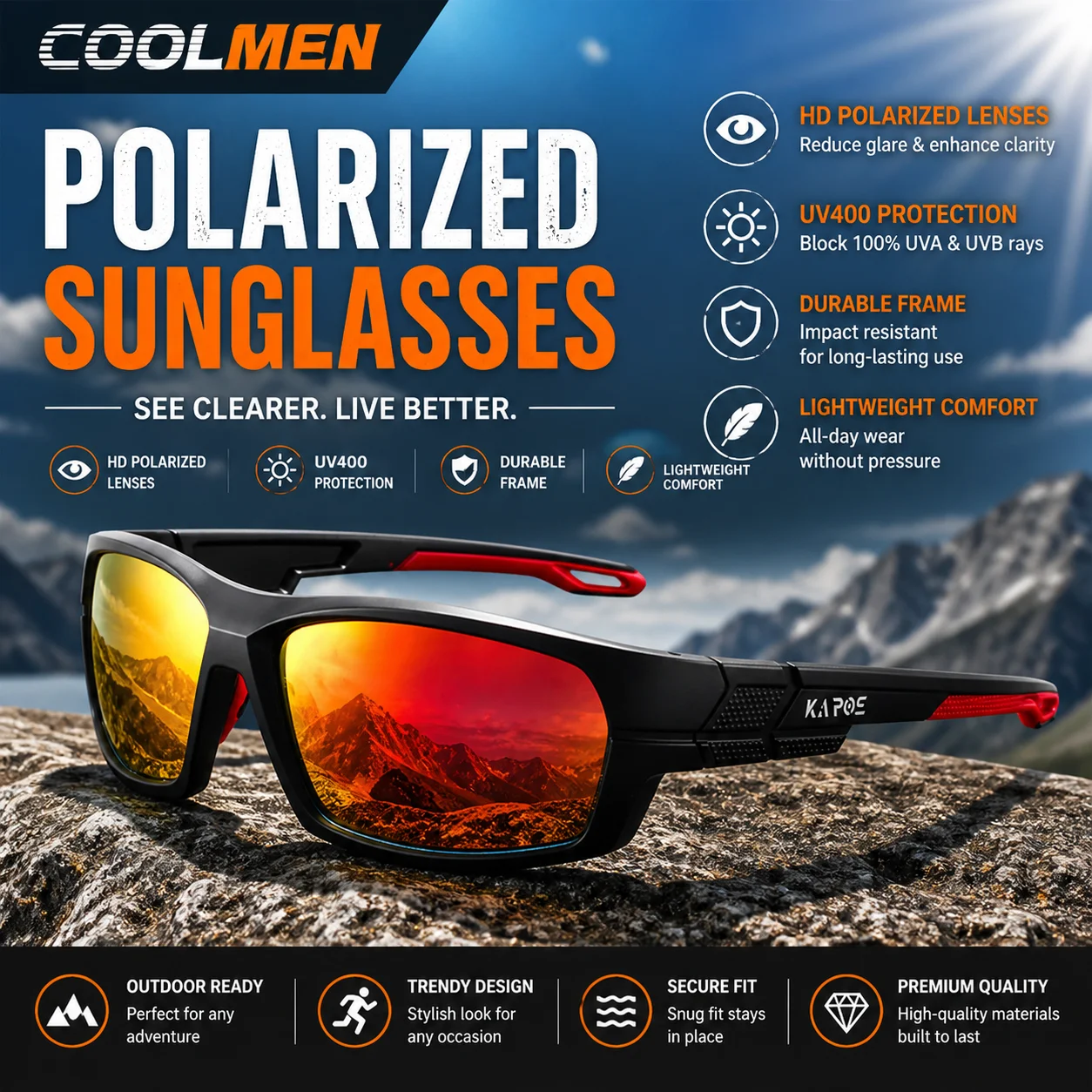 

COOLMEN Polarized Brand New UV400 Glasses Men Women Fishing Glasses Sun Goggles Camping Hiking Driving Eyewear Sport Sunglasses