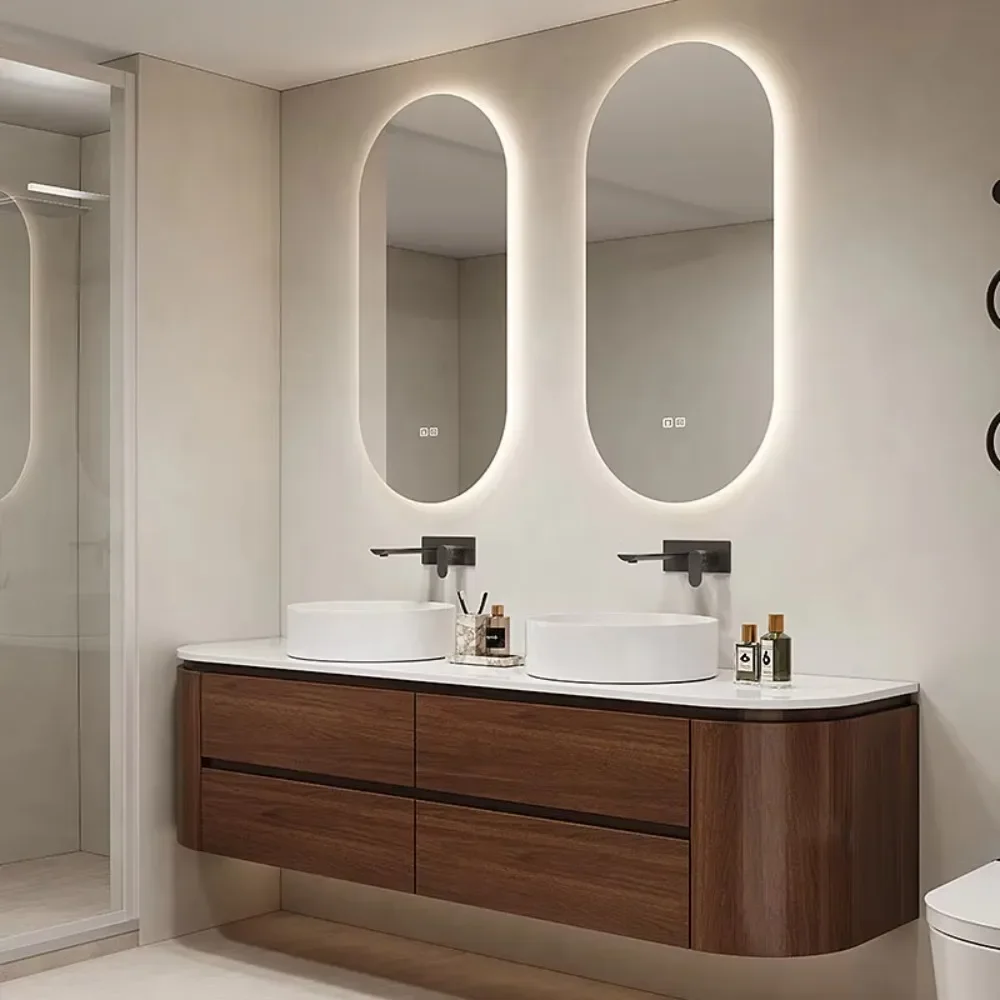 Factory Direct Luxury Walnut Curved Floating Single Sink Bathroom Vanities, Sintered StoneCountertop, Fluted Ceramic Vessel Sink