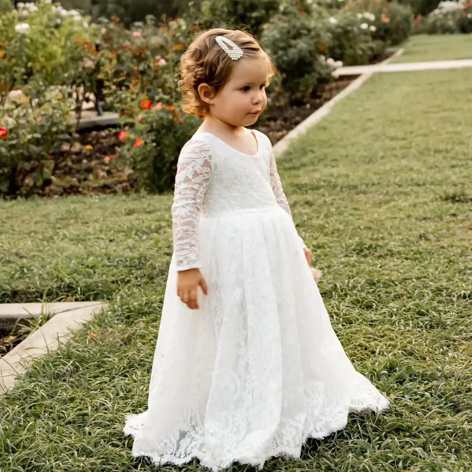 Vestido de manga larga de encaje blanco bohemio para niña, vestido elegante de flores para boda, vestido de noche para primer baile eucarista