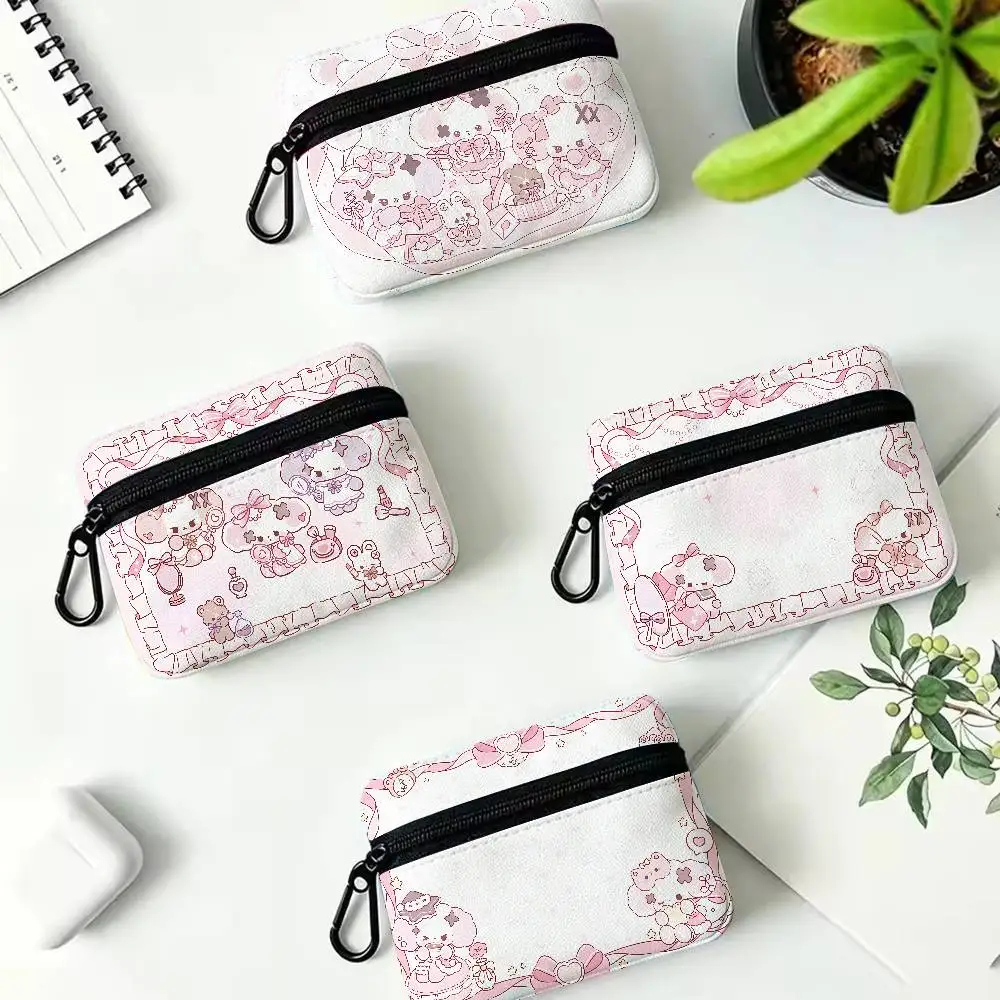 Kawaii Pink Rabbit Cartoon Oxford Zipper Wallet Sweet Lace Frame Cute Waterproof Coin Purse Portable Pouch For Girls Daily Use