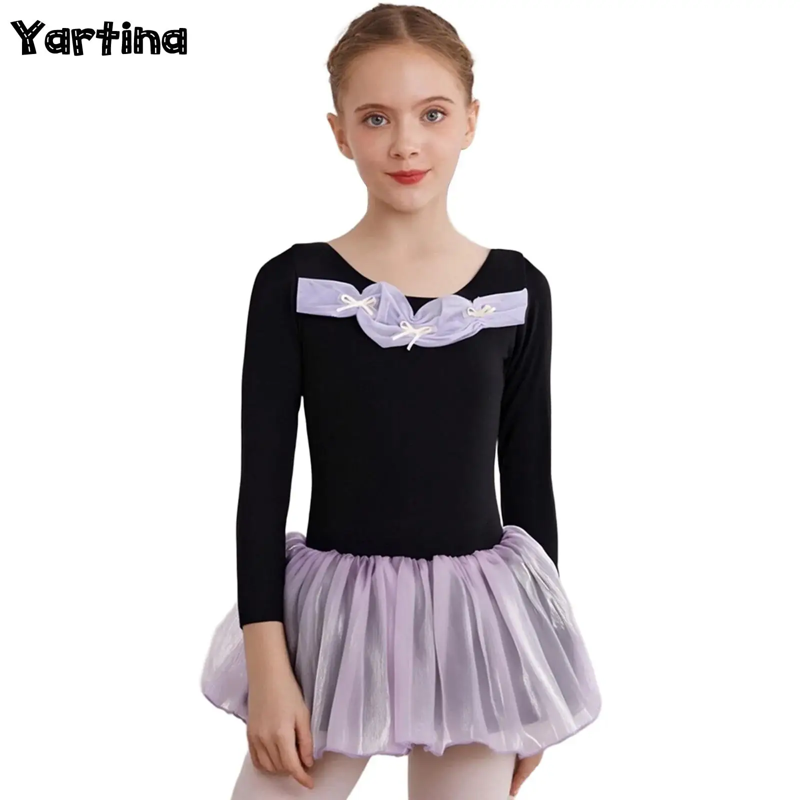 キッズガールズかわいいちょう結びシャーリング体操バレエダンスレオタードドレス長袖チュールチュチュダンスパフォーマンスドレス衣装