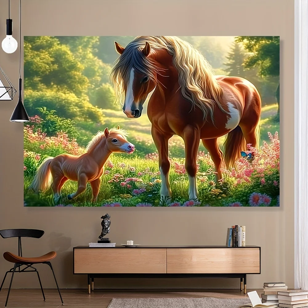 Horse Family Scene With Brown Mare And Baby In Spring Garden Art Print For Home Or Bedroom