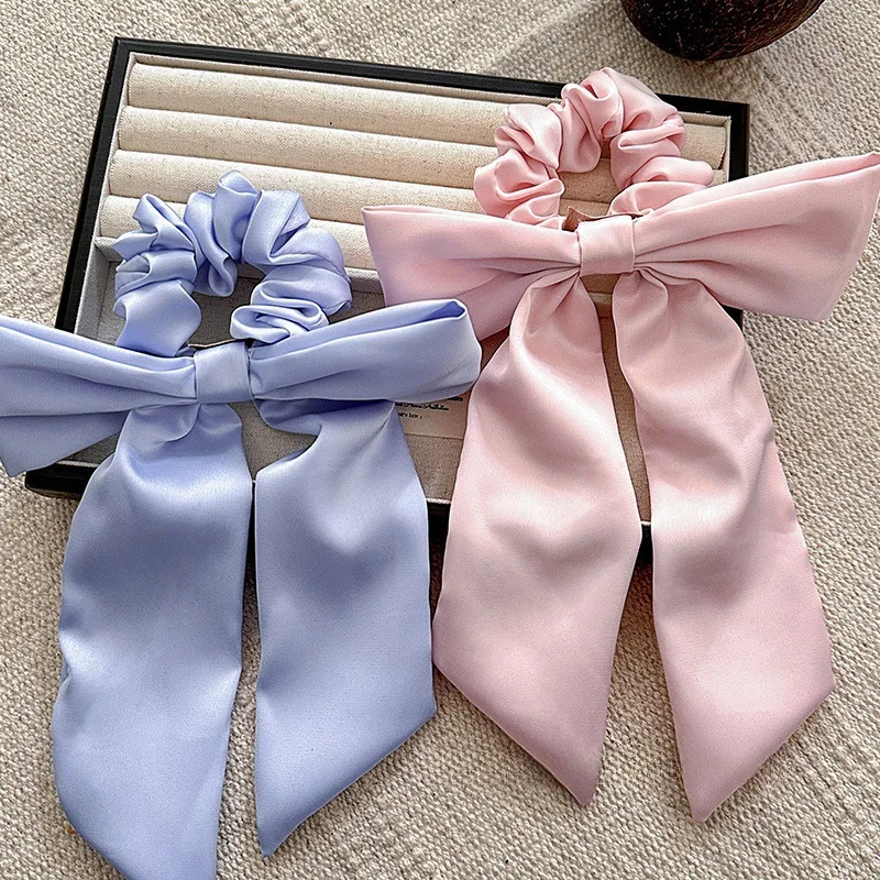 

Women Elegant Retro French Satin Bow Elastics Hair Band Exquisite Long Ribbon Scrunchies Ponytail Holder Girls Hair Accessories