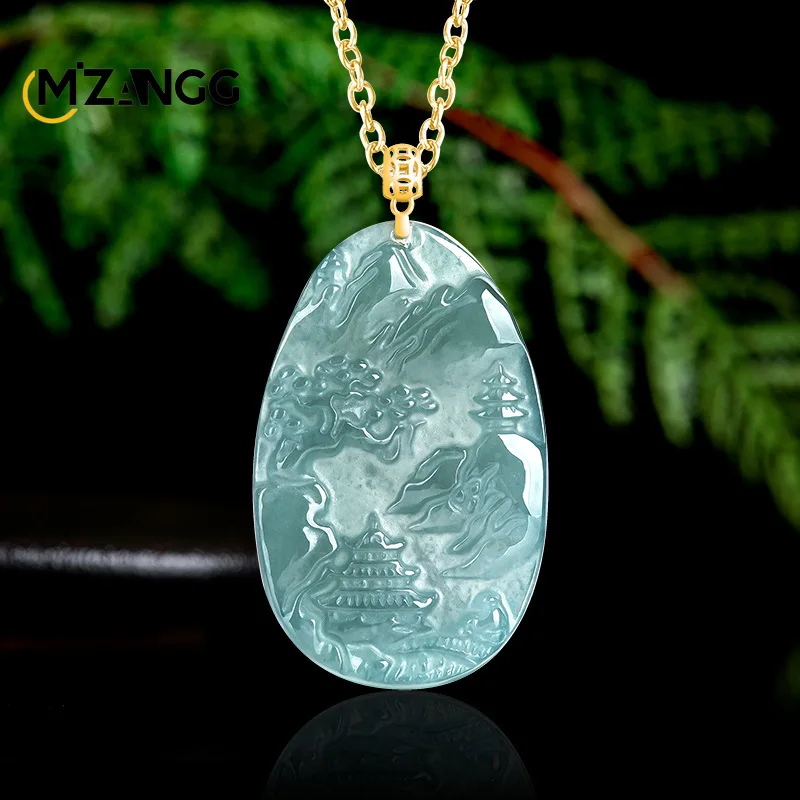 

Natural Jadeite Blue Water Small Landscape Pendant 18K Gold Buckle Hand-carved High-grade Ice Jade Necklace Men and Women Gift