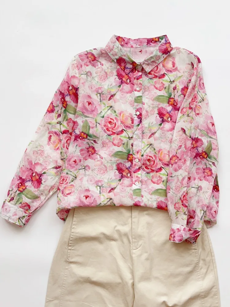 

Модный розовый длинный льняной топ с цветочным принтом, повседневный женский свободный утягивающий хлопковый льняной топ ранней осени