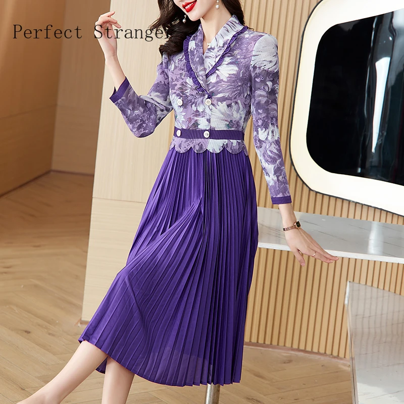 

Sanzhai Pleated Print Dress 2024 Autumn Winter New Women Elastic Large Waist Suit Collar A-line Dress Over-Knee Length Skirt