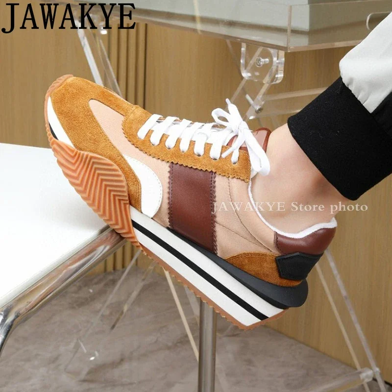 2024 Spring Thick Sole Lace Up Sneakers For Women & Men Suede Leather Patchwork Flat Platform Shoes Casual Walking Couple Shoes