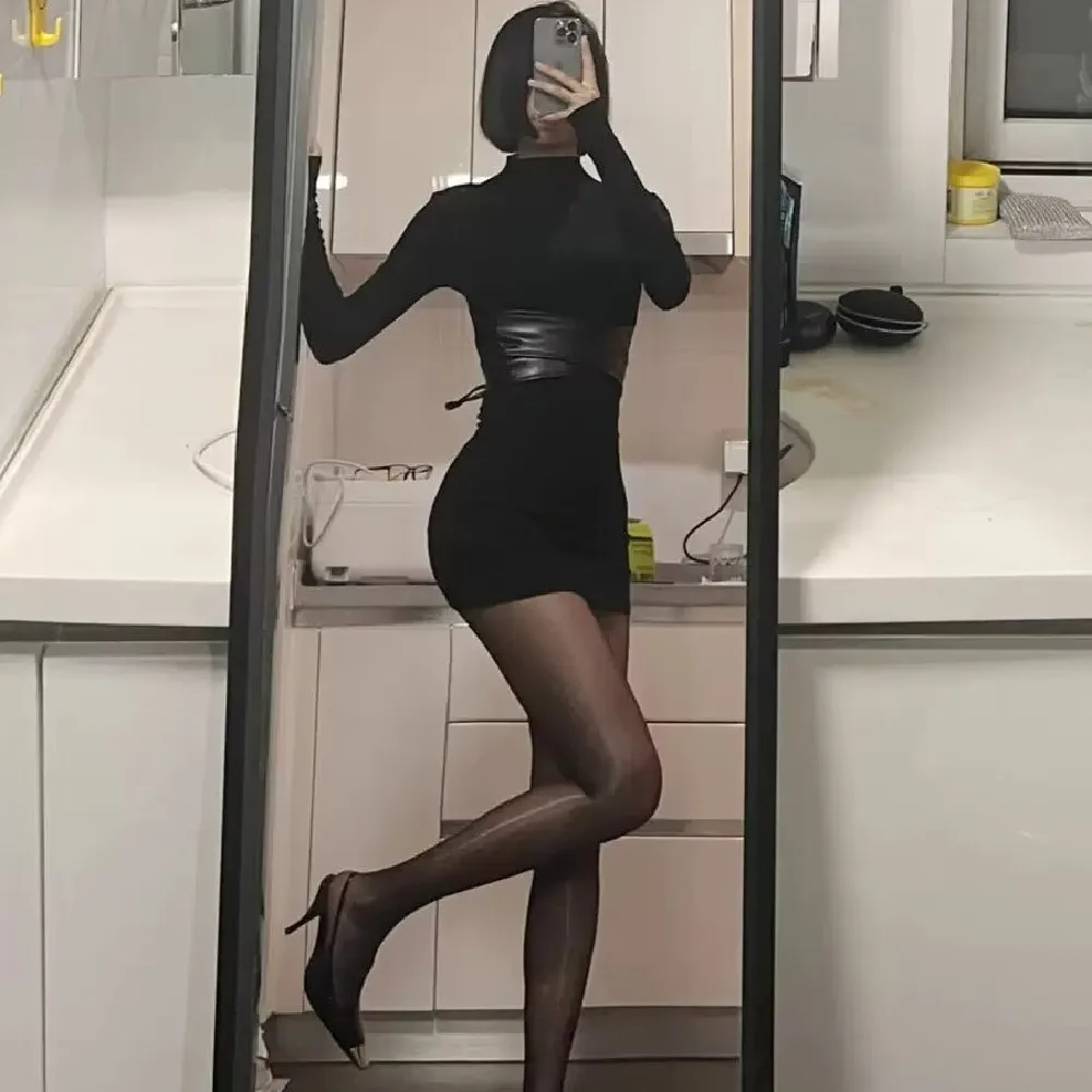 Autumn Winter Sexy Half High Collar Package Hips Long Sleeve Mini Dress Women Slim Leather Sashes Napping Bodycon Vestidos Black