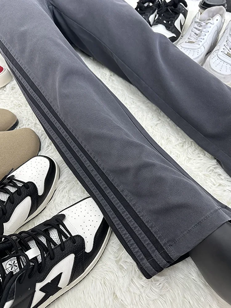 

Американские футболки, мужские осенние винтажные прямые брюки с завышенной талией, драпированные свободные повседневные брюки в полоску, модная одежда для очистки