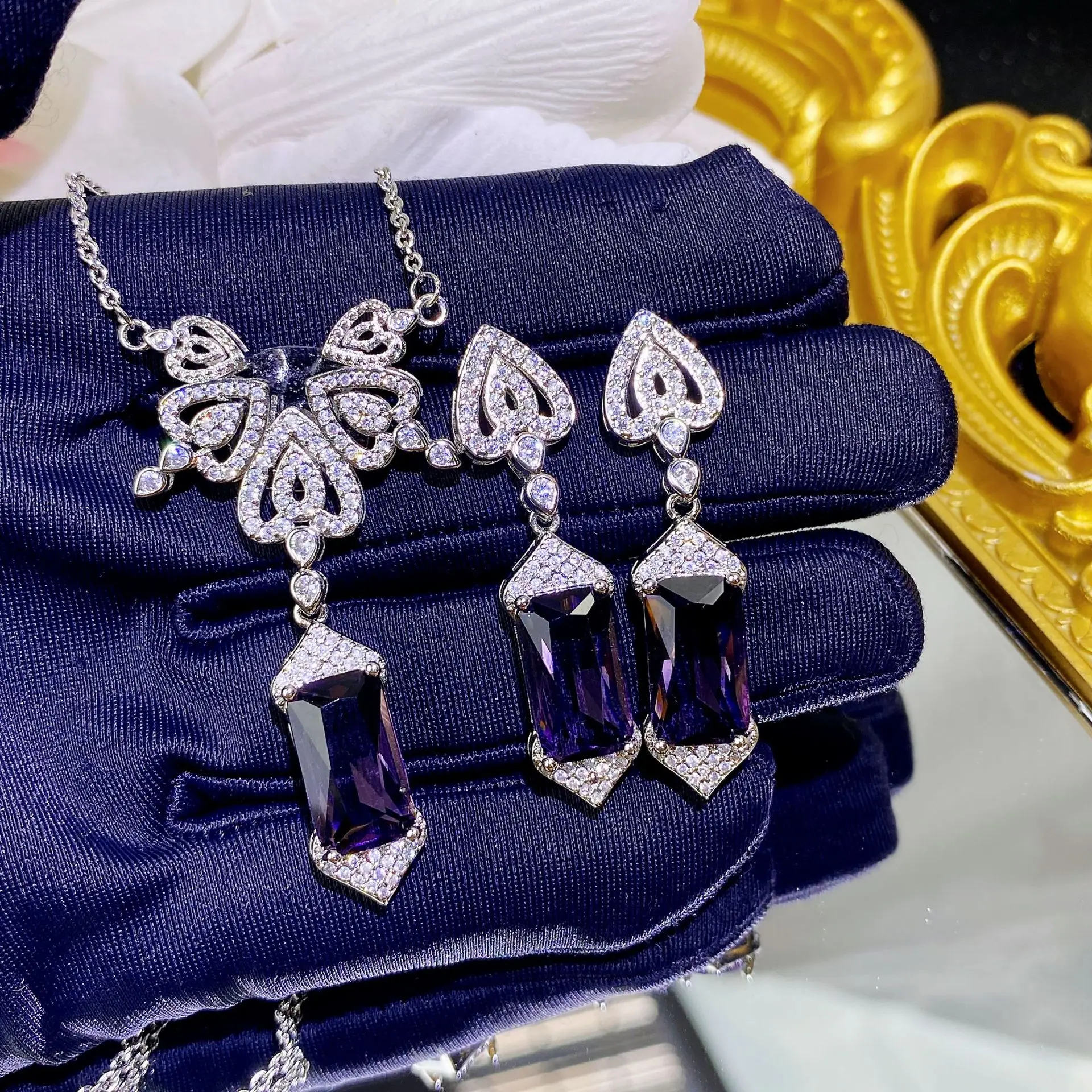 2023 New Exquisite Sterling 925 Silver Purple Cubic Zirconia Jewelry Set Female Elegant Wedding Bridal Party Necklace/Earrings