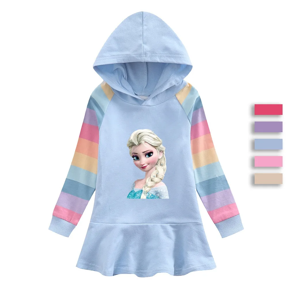 Disney Girls Dress Frozen Elsa Autumn Quality Cotton Bluey Clothing for Children Long Sleeve Kids Clothes Hooded Rainbow 2-8Y