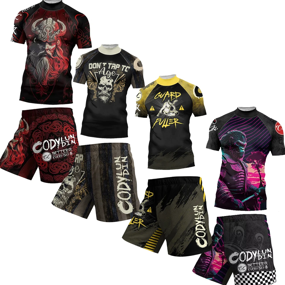 New Cody Lundin 2 Piece Set Jiu Jitsu Rashguards MMA T-shirt+Shorts For Men Bjj Boxing Grappling Jerseys Sports Kickboxing Spats