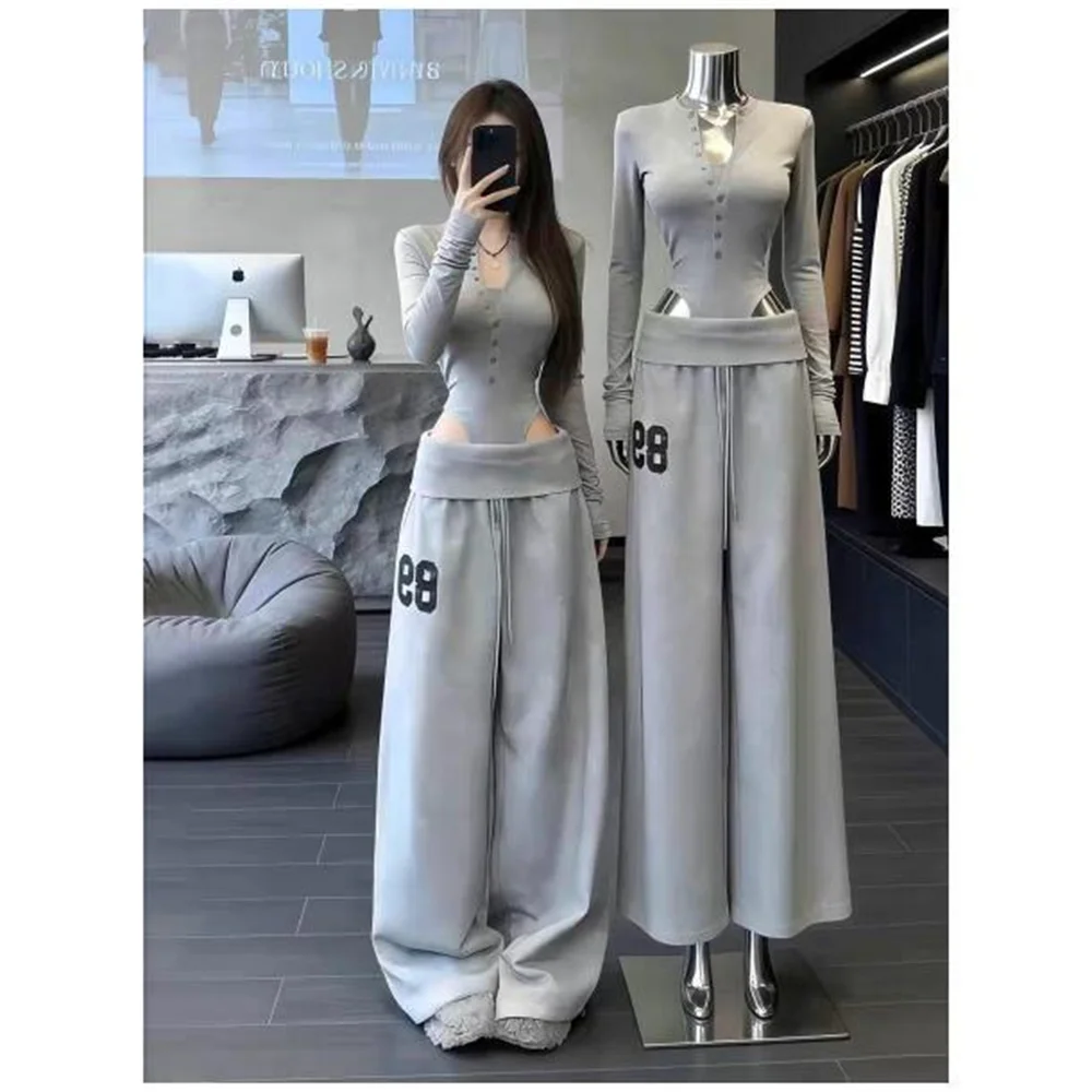 Women's Casual Grey Sweatpants High Rise Wide Leg Baggy Joggers with Graphic Print Loose Fit Pants Streetwear Fashion Trousers