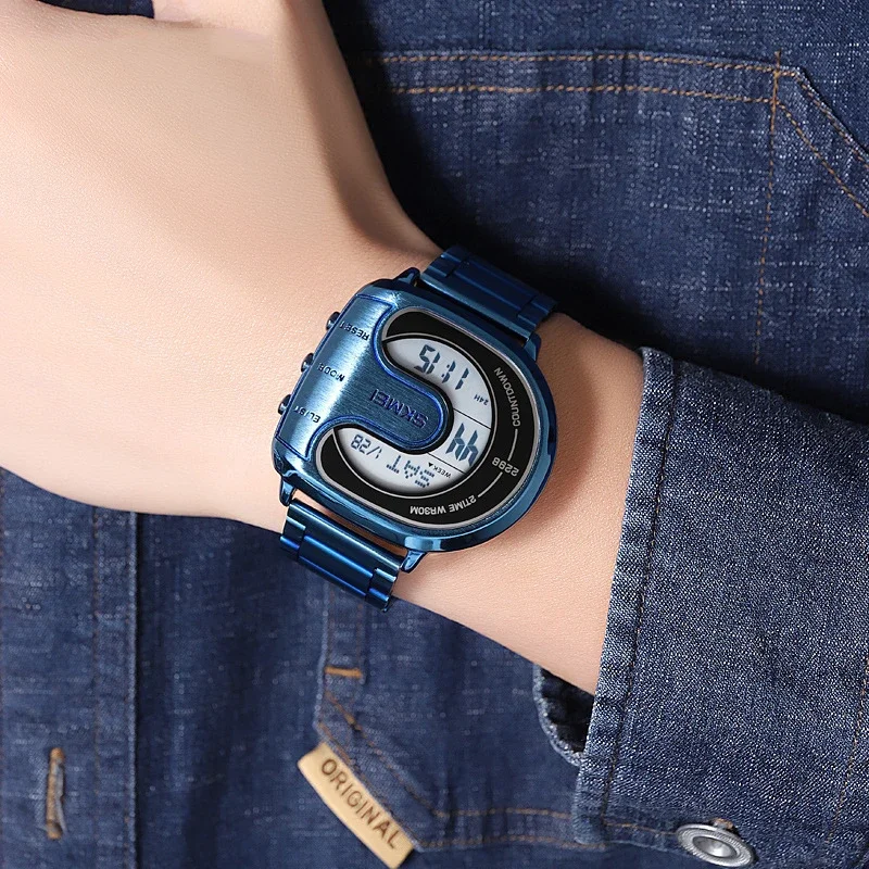 Men Digital Watch Sliver Gold Black Unusual Irregular Dial Shape Reloj Male Luxury Business Man Stainless Steel Clock Wristwatch