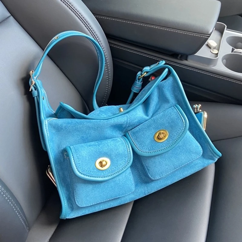 In Stock Vintage Suede Shoulder Bag Fashion Classic Crossbody Bags New Autumn Multi-pocket Large Capacity Frosted Tote Bag