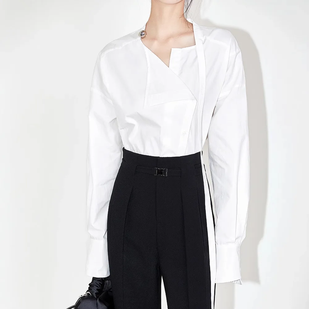 

Work Office White Oversize Shirt Spring Autumn Blouse Simple And Versatile Loose Cut Shirt Small Stand Up Collar Long Sleeve Top