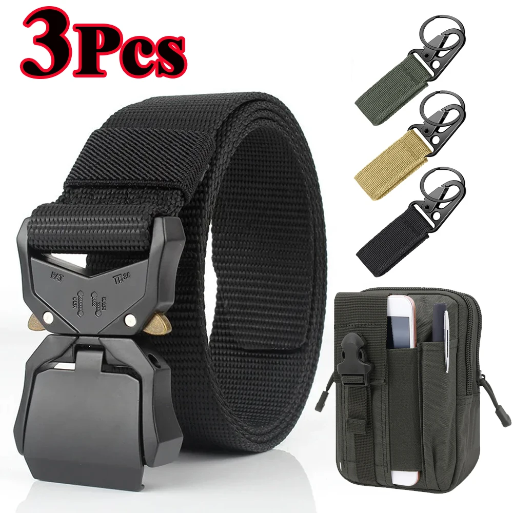 Tactical Belt for Men Nylon Military Work Belt Quick-Release Buckle Utility Set with Pouch & Carabiner Keychain Clip Outdoor Gif