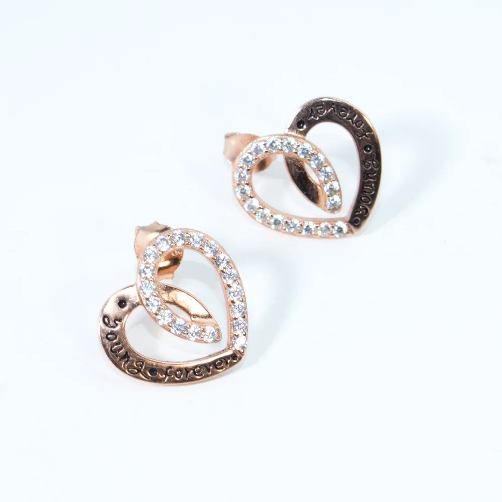 

Heart CZ Stud Earring Rose Gold Plated 925 Silver Small Double Heart Earrings