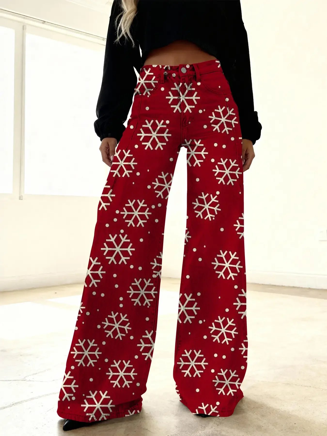 Christmas women's imitation denim printed high waisted flared pants, sweet and cute, Ladies' style color block fashion