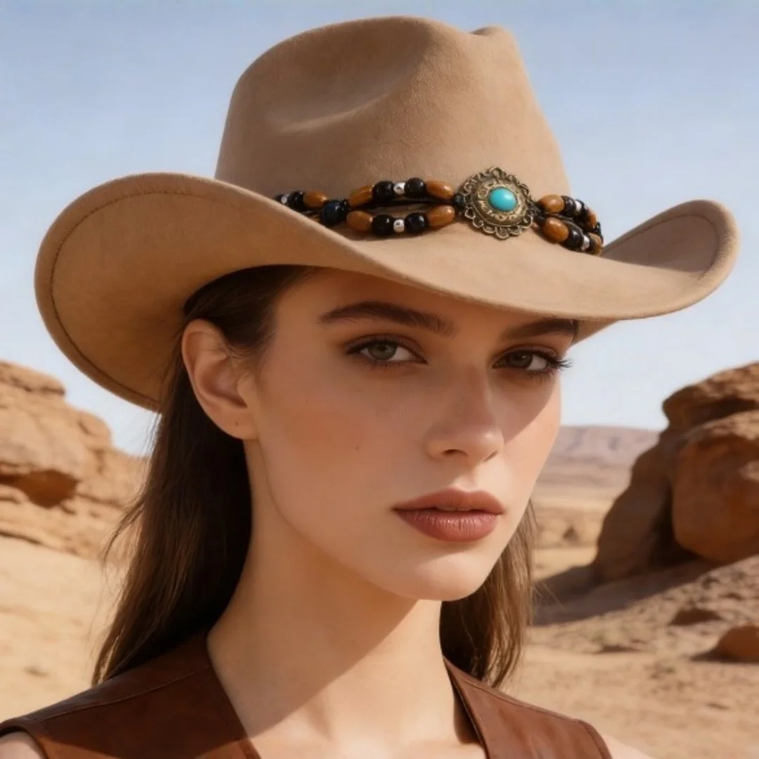 Vintage Western Cowboy Hat For Women Men'S Cowgirl Hat With Turquoise Beaded Band Boho Cowboy Hats For Festival Travel Outdoor
