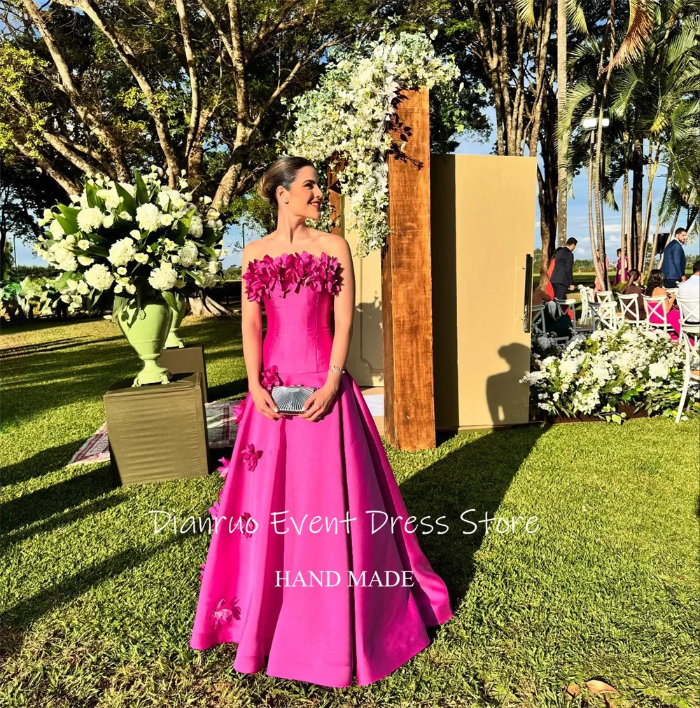 Dianruo ホットピンクノースリーブイブニングドレス 3D 花エレガントなサテン Vestidos デ フィエスタ ストラップレス A ライン誕生日ドレスカスタマイズ