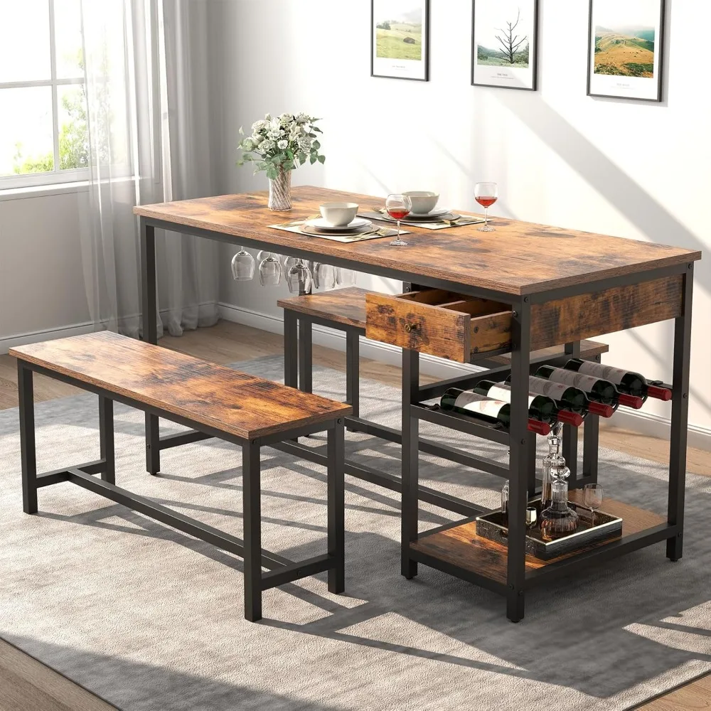 Juego de mesa de comedor para 4-6 personas, mesa de comedor de cocina de 54,7 pulgadas, con cajones de almacenamiento y estantes