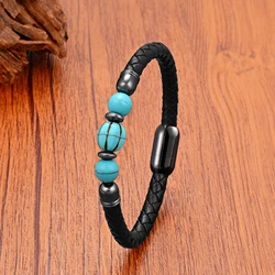 Trendy Turquoise Beaded Bracelet Classic Woven Leather Rope Mens Bracelets Stainless Steel Magnetic Buckle Handmade Jewelry