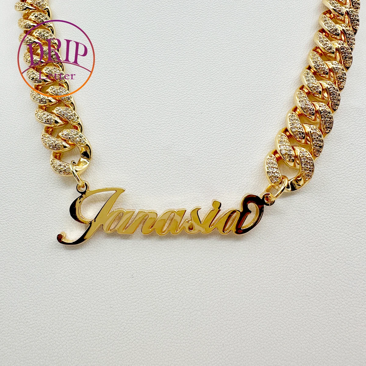 

Drip Letter Stainless Steel Custom Name Plates Necklace Choker for Women Miami Cuban Link Chain Prong Setting Hip Hop Jewelry