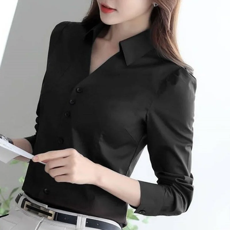 2022 New Spring and Autumn Fashion Trend Leisure Commuting Professional V-neck Women\'s Solid Color Panel Pocket Slim Fit Shirt