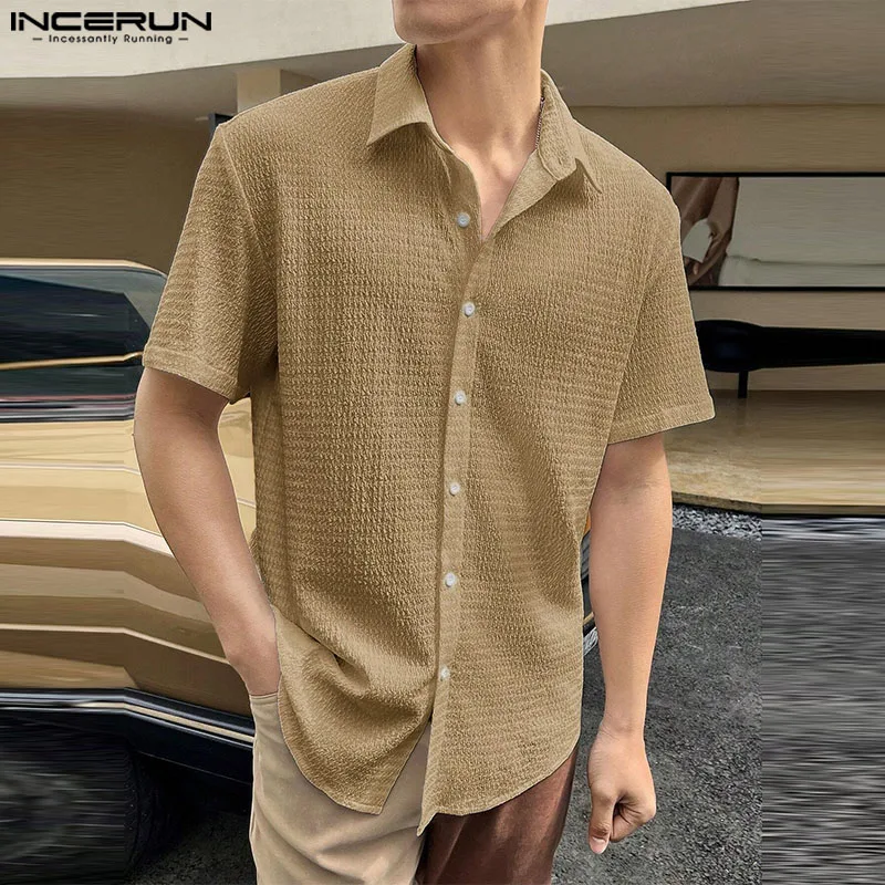 INCERUN Tops 2024 Korean Style Stylish New Mens Texture Solid Shirts Casual Street Simple Comfortable Short Sleeved Blouse S-5XL