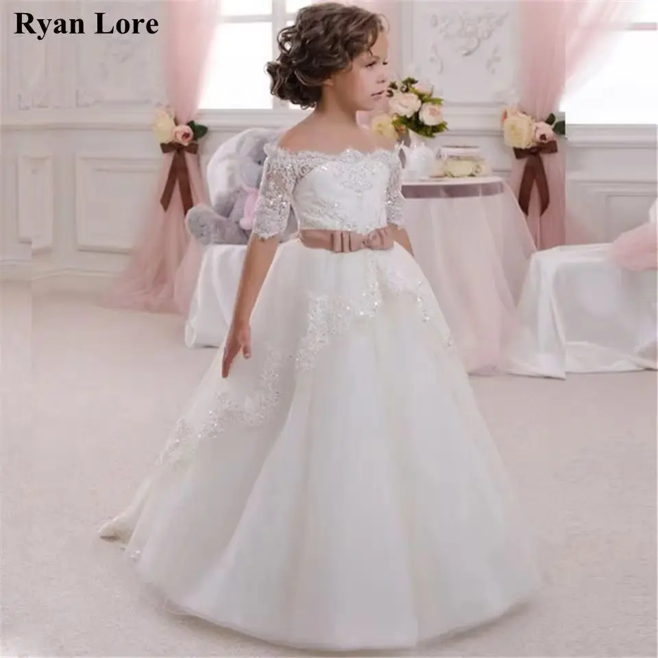 Fower Girl Dresses Appliques Sequins Half Sleeves Boat Neck Princess Dress For Wedding First Communion Dress Pageant Gowns