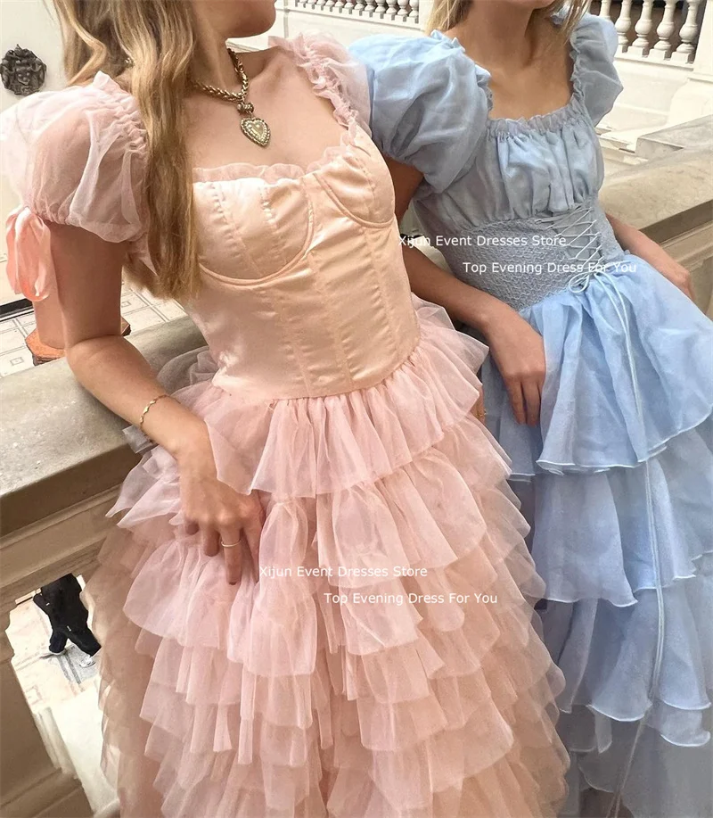 Xijun Baby Blue Princess Evening Dresses Organza Tiered Ruffles Party Dresses Short Sleeves Square Neck Birthday Dresses Luxury