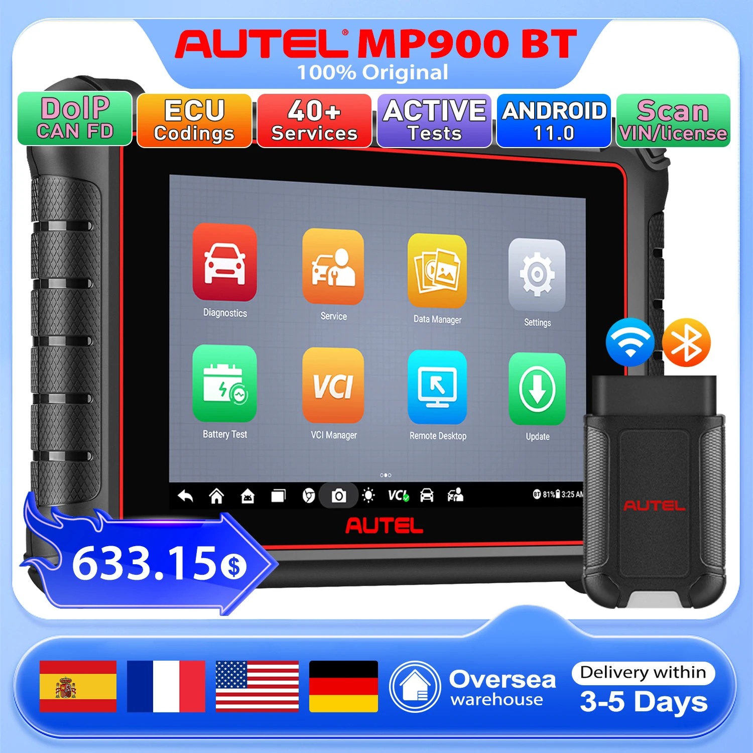 Autel MaxiPRO MP900BT/MP900Z-BT 2024 DoIP/CAN FD Automotive Full System Diagnostic Scanner Advanced ECU Coding  40+ Services